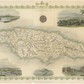 Kolorovaná Tallisova mapa ostrova z roku 1851 doplněná o místní motivy | 